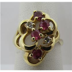 4 RUBY 2 DIAMOND RING 14K GOLD CLUSTER ARTCARVED