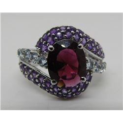 GARNET AMETHYST AQUAMARINE RING 14K WHITE GOLD