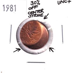 Error! 1981 Canada 1-cent with 30% Off Center Strike Error UNC+.