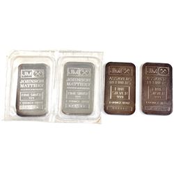 1oz Johnson Matthey .999 Fine Silver Bars - 2x Sealed Regular Back & 2x Scarcer Blank Back. 4pcs (TA