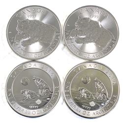 2x 2016 Canada 3/4oz Howling Wolves & 2x 2019 1oz Predator Series - Grizzly Bear .9999 Fine Silver C