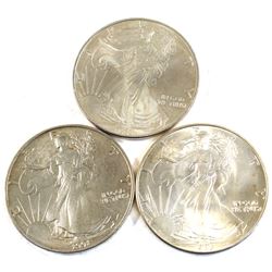 1986, 1991 & 1995 USA 1oz .999 Fine Silver Eagles. 3pcs (TAX Exempt)