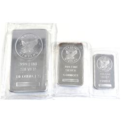 Sunshine Minting 1oz, 5oz & 10oz .999 Fine Silver Bars (5oz & 10oz have light toning). 3pcs (TAX Exe