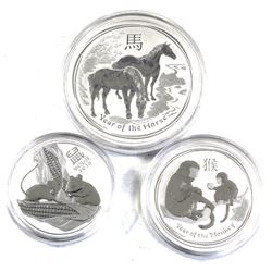 2014, 2016 & 2020 Australia Lunar .999 Fine Silver Coins - 2014 1oz Horse, 2016 1/2oz Monkey & 2020 