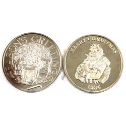 Vintage 1oz .999 Fine Silver Commemorative Rounds - 1986 Merry Christmas/Happy New Year & 1993 Seaso