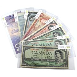 1954-2000 $1 to $10 Bank of Canada Notes. You will receive BC-29a $1, BC-37c $1, BC-45b-i $1, BC-38d