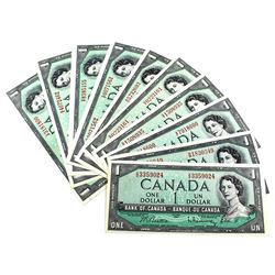 Lot of 1954 $1 Bank of Canada Notes Beattie-Rasminsky Signature with All Different Prefixes. 10pcs