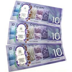 1867-2017 $10 Bank of Canada Notes with Consecutive Serial Numbers CDC1186303-CDC1186305. 3pcs