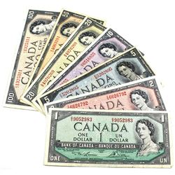1954 $1 to $100 Bank of Canada Notes. You will receive $1, $2, $100 Lawson-Bouey signatures & $5, $1