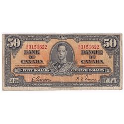 1937 $50 BC-26b Bank of Canada, Gordon-Towers, B/H3151622, VG-F. Note contains a minor stain.