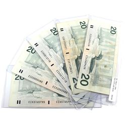 Lot of 1991 $20 BC-58aA-i Bank of Canada Notes, EIX with Serifs. 5pcs