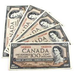 1954 $100 Bank of Canada Notes Beattie-Rasminsky Signatures B/J Prefixes. 5pcs