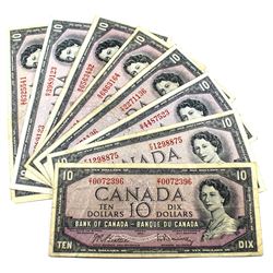 1954 $10 Bank of Canada Notes Beattie-Rasminsky Signature All Different Prefixes. 8pcs
