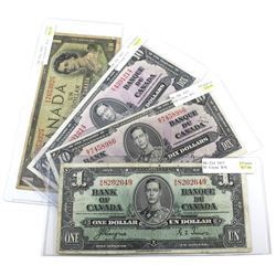 1937 & 1954 Bank of Canada Notes - 1937 $1 BC-21d, 2x 1937 $10 BC-24c & 1954 $1 BC-29a Devil's Face.