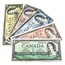 1954 $1 to $20 Bank of Canada Notes - $1, $5, $10 & $20 Beattie-Rasminsky signatures & $2 Lawson-Bou