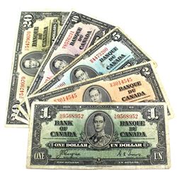 Estate Lot of 1937 $1 to $20 Bank of Canada Notes with Coyne-Towers Signatures. 5pcs