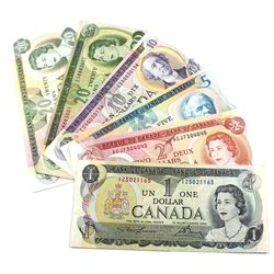 $1 to $20 Multi-coloured Series Bank of Canada Notes. You will receive 1973 $1 Lawson-Bouey, 1974 $2