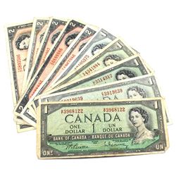 1954 $1 & $2 Bank of Canada Notes - 5x of Each Denomination. 10pcs