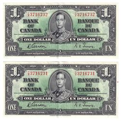 1937 $1 Bank of Canada Notes Gordon-Towers Signature with Consecutive Serial Numbers T/A3716731 & T/