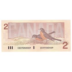 1986 $2 Bank of Canada Note Bonin-Thiessen Signature with 4 Digit RADAR Serial Number CBH9440449.