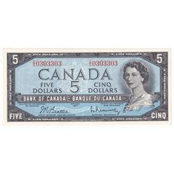 1954 $5 BC-39b Bank of Canada, Beattie-Rasminsky, Neat Serial Number Z/S0303303 UNC.