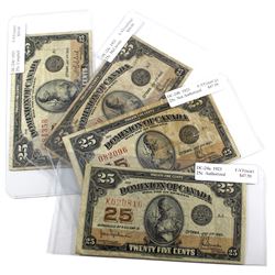 All 1923 25c Dominion of Canada Note Varieties - DC-24a, DC-24b, DC-24c & DC-24d all F-VF. Notes con