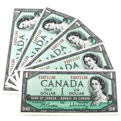 1954 $1 Bank of Canada Beattie-Rasminsky Signature Notes with Consecutive Serial Numbers K/Z3971136-