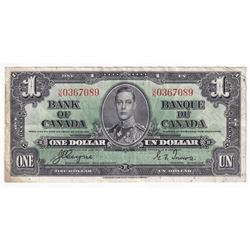 1937 $1 BC-21d, Bank of Canada, Coyne-Towers, U/N0367089, EF (Stain).