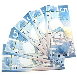 2009 $5 Bank of Canada Jenkins-Carney Signature Notes with Consecutive Serial Numbers AAD6295800-AAD