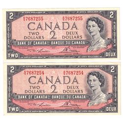 1954 $2 Bank of Canada Lawson-Bouey Signature Notes with Consecutive Serial Numbers R/G7687254 & R/G