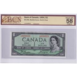 1954 $1 BC-29b, Bank of Canada, Beattie-Coyne, Devil's Face, S/N: L/A0189521, BCS Certified AU-58 Or