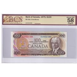 1975 $100 BC-52b, Bank of Canada, Crow-Bouey, S/N: AJ4321380, BCS Certified AU-58 Original.