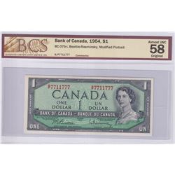 1954 $1 BC-37b-i, Bank of Canada, Beattie-Rasminsky Note with Neat Serial Number B/P7711777, BCS Cer
