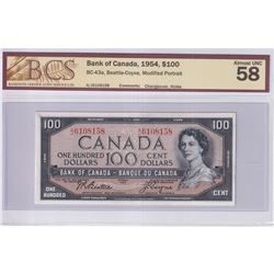 1954 $100 BC-43a, Bank of Canada, Modified Portrait, Changeover, S/N: A/J6108158, BCS Certified AU-5