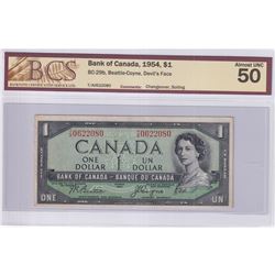 1954 $1 BC-29b, Bank of Canada, Beattie-Coyne, Devil's Face, Changeover, S/N: T/A0622080, BCS Certif