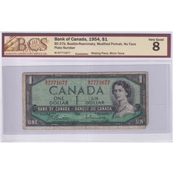 1954 $1 BC-37b, Bank of Canada, Beattie-Rasminsky Note with Neat Serial Number W/N7771677, BCS Certi