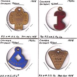 Lot of Canada 1950's Unident Tokens - 2x P.J. & M.S. Co. LD. with Enameling and 2x P.J. & M.S.S. Co.