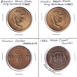 Lot of Hawaii Dollars - 2x 1883 King Kalakaua 1 Akahi Dala, 1974 Honolulu Hawaii Dollar & 1982 Kona 
