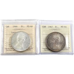 1966 Large Beads & 1967 Canada Silver $1 ICCS Certified MS-64. 2pcs