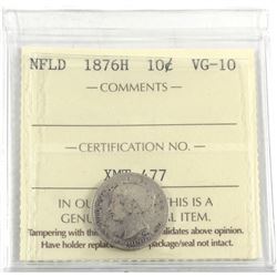 1876H Newfoundland 10-cent ICCS Certified VG-10.