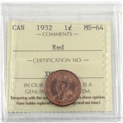 1932 Canada 1-cent ICCS Certified MS-64 Red.