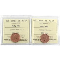 1998W & 2000W Canada 1-cent ICCS Certified MS-67 Numismatic BU. 2pcs