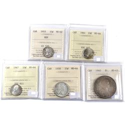 1953-1967 Canada 10-cent, 25-cent & Silver $1 ICCS Certified Coin Collection. 1953 10-cent NSF