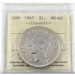 1947 Canada Silver $1 Maple Leaf ICCS Certified MS-62 (Cleaned, not on holder).