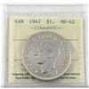 Image 1 : 1947 Canada Silver $1 Maple Leaf ICCS Certified MS-62 (Cleaned, not on holder).