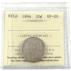 1894 Newfoundland 20-cent ICCS Certified VF-20.