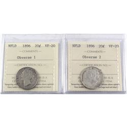 1896 Newfoundland 20-cent Obverse 1 & Obverse 2 ICCS Certified VF-20. 2pcs