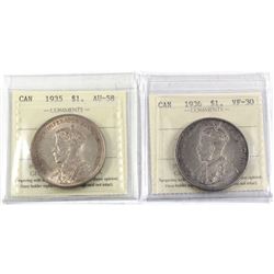 1935 Canada Silver $1 ICCS Certified AU-58 & 1936 Silver $1 ICCS VF-30. 2pcs