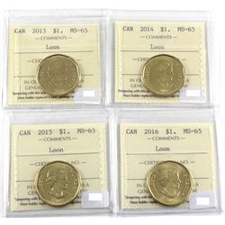 2013, 2014, 2015 & 2016 Canada Loon $1 ICCS Certified MS-65. 4pcs