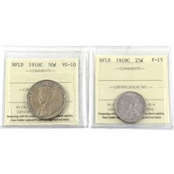 1919C Newfoundland 25-cent ICCS Certified F-15 & 1918C Newfoundland 50-cent ICCS VG-10. 2pcs